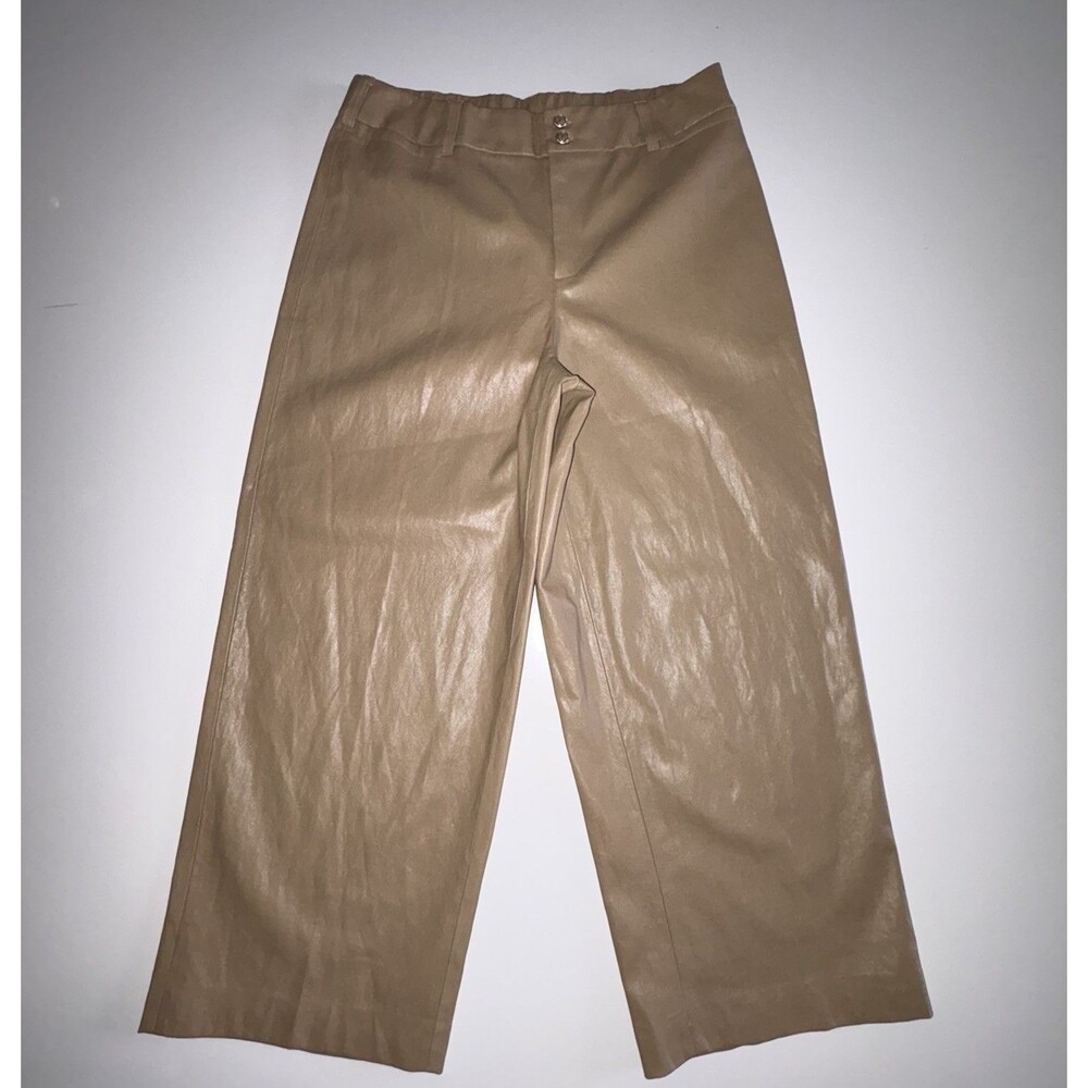 Chico's Tan Faux Leather Wide Leg Pants Women's Size 10 Elastic Back Waist